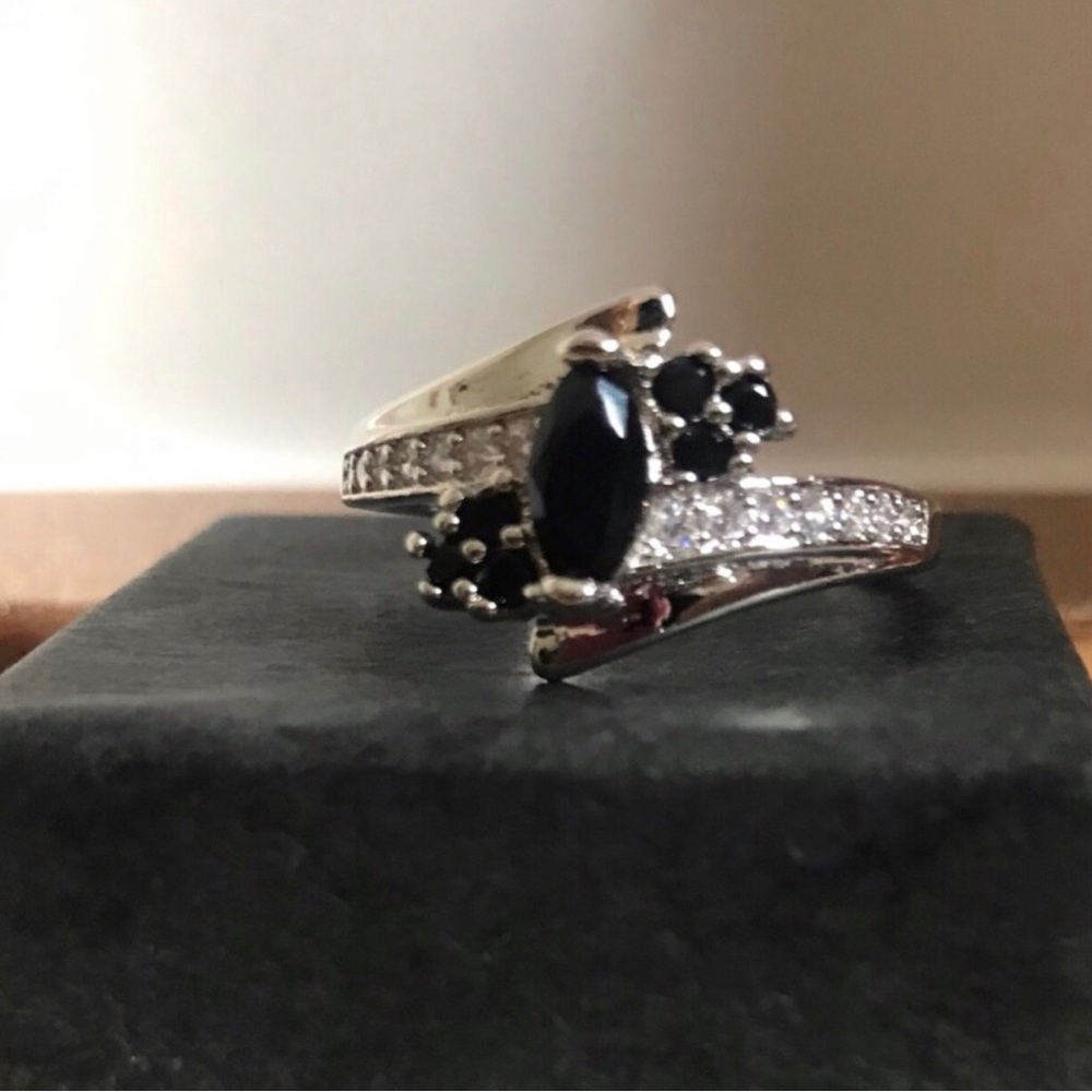 Sterling Silver Ring with Black Sapphire and Pavé Accents